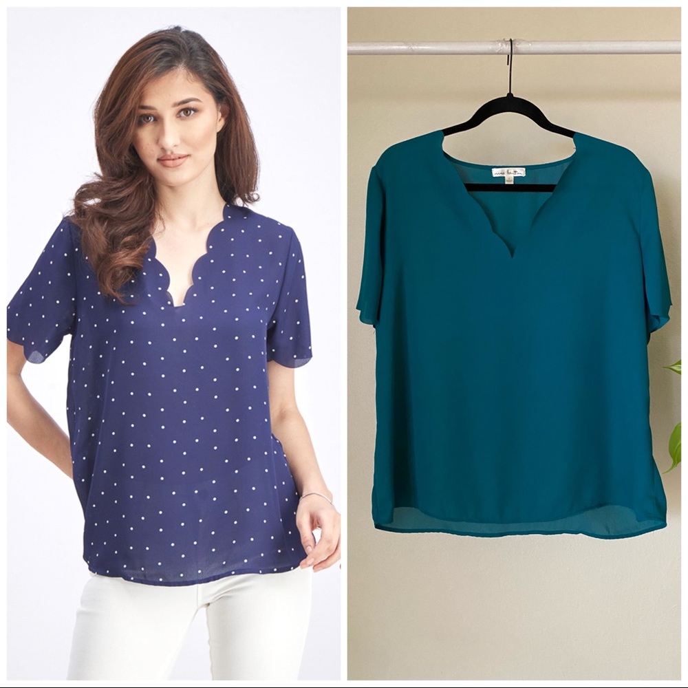 Nine Britton Teal Frenkel Scallop Neckline Blouse